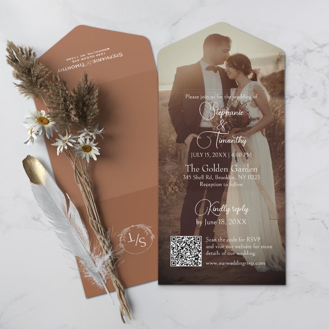 Modern Terracotta | Bränd Orange Photo Bröllop (All-in-one wedding invitation with QR code to RSVP - Simplify and save time for you and your guests.)