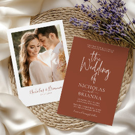 Modern Terracotta Burnt Orange Boho Bröllop Photo Inbjudningar