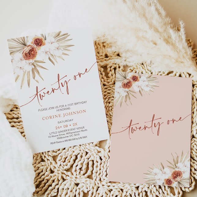 Modern Terracotta Calligraphy 21 Birthday Invita Inbjudningar (Boho floral 21st birthday invitation featuring a burnt orange floral arrangement.)