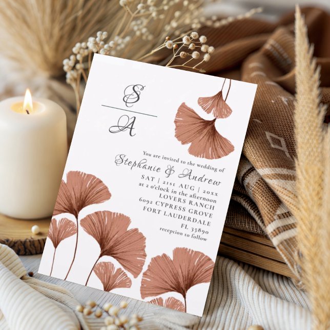 Modern Terracotta Ginkgo foliage Bröllop Inbjudningar (Skapare uppladdad)