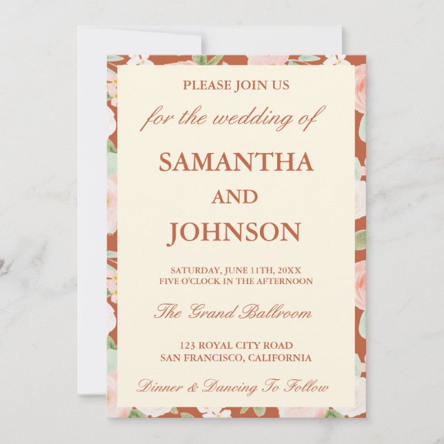 Modern Terracotta Ivory Floral Monogram Wedding Inbjudningar (Framsida)