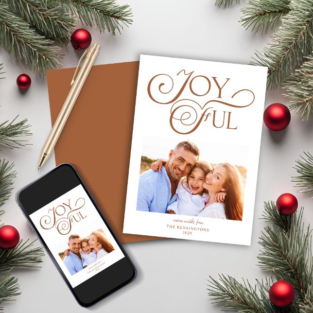 Modern Terracotta-julfoto Glatt jul Julkort (Modern Terracotta Christmas Joyful Christmas Photo Holiday Card)
