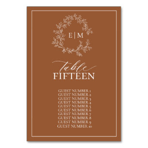Modern Terracotta Leafy Vapensköld Monogram Bröllo Bordsnummer