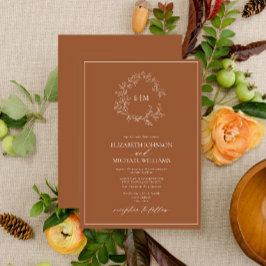 Modern Terracotta Leafy Vapensköld Monogram Bröllo Inbjudningar