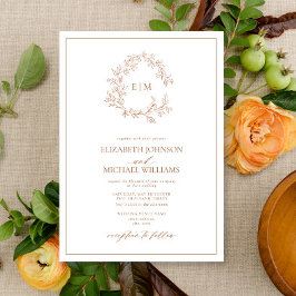 Modern Terracotta Leafy Vapensköld Monogram Bröllo Inbjudningar