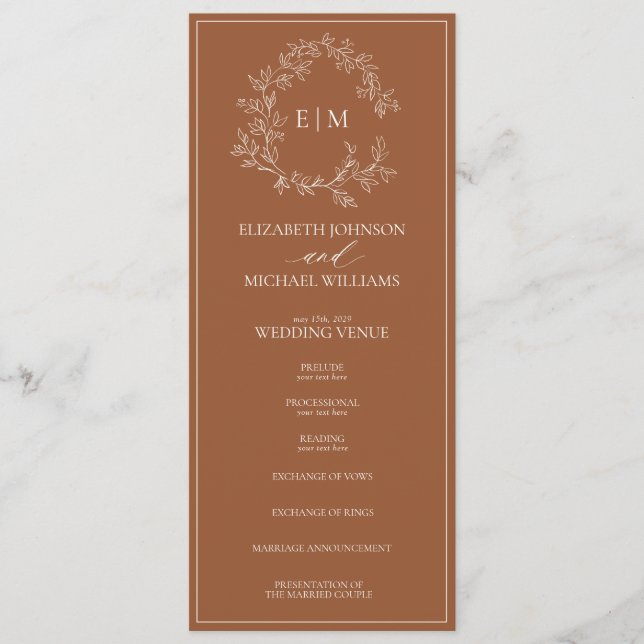 Modern Terracotta Leafy Vapensköld Monogram Bröllo Program (Framsida)
