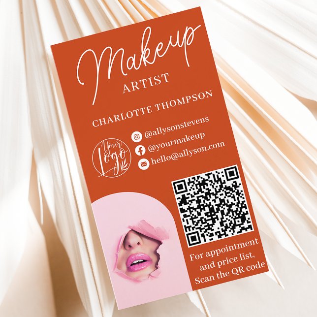 Modern terracotta makeup logotyp Qr kod 2 foton Visitkort (Modern terracotta makeup logo Qr code 2 photos Business Card)