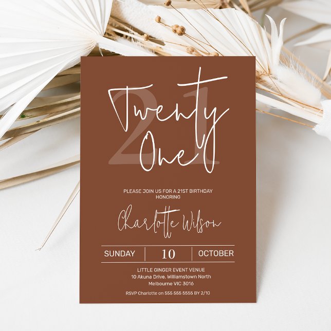 Modern Terracotta Minimalist 21:a födelsedag Inbjudningar (Modern terracotta 21st birthday invitation featuring a modern calligraphy font  white text.)