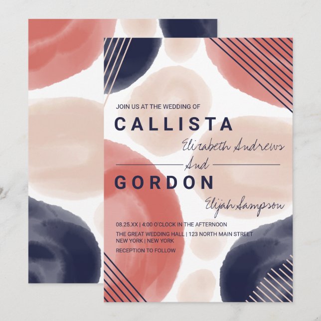 Modern Terracotta Navy Beige Watercolor Bröllop Inbjudningar (Fram/baksida)