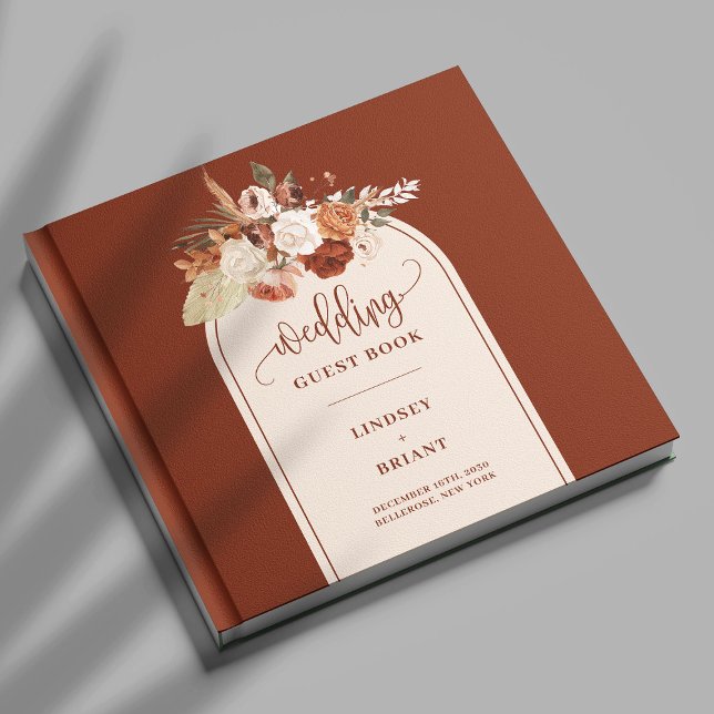 Modern Terracotta Pampas Grass Boho Arch Bröllop Gästböcker (Modern Terracotta Pampas Grass Boho Arch Wedding Guest Book)