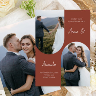 Modern Terracotta Photo Arch Bröllop Spara Datumet