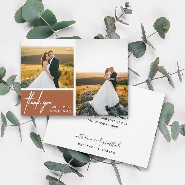 Modern Terracotta Photo Collage Tack (Two photo hand lettered thank you wedding card with a minimalistic design perfect for any couple.)