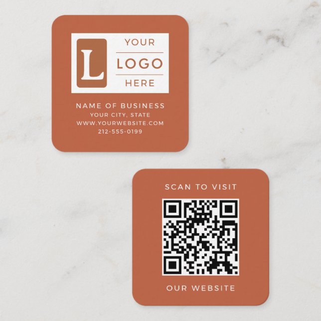 Modern Terracotta QR Code Minimalist Custom Logo Fyrkantigt Visitkort (Fram/baksida)