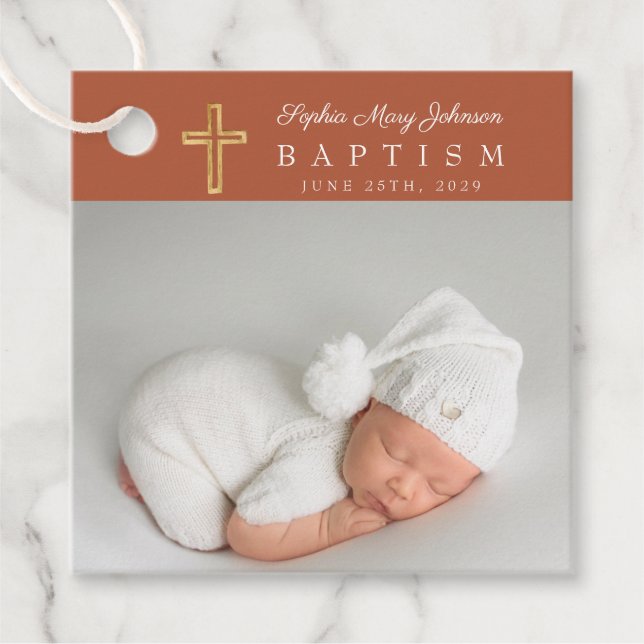 Modern Terracotta Script Photo Baptism Tack Gåvor Etiketter (Framsida)