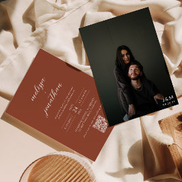 Modern Terracotta Script Photo QR-kod Bröllop Inbjudningar