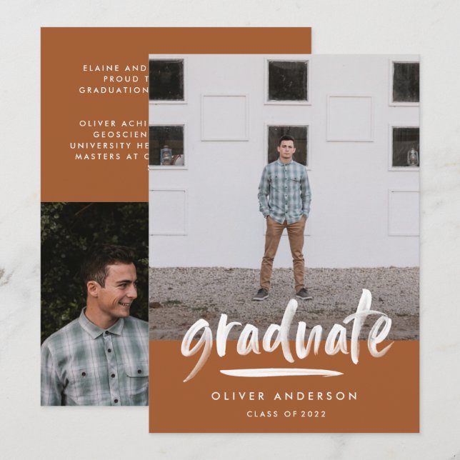 Modern terracotta-skript med multifoto studenten inbjudningar (Fram/baksida)