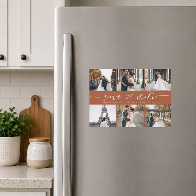 Modern Terrakotta Fotokollage Spara Datum (Warm terracotta six photo save the date magnet featuring elegant handwritten script typography)