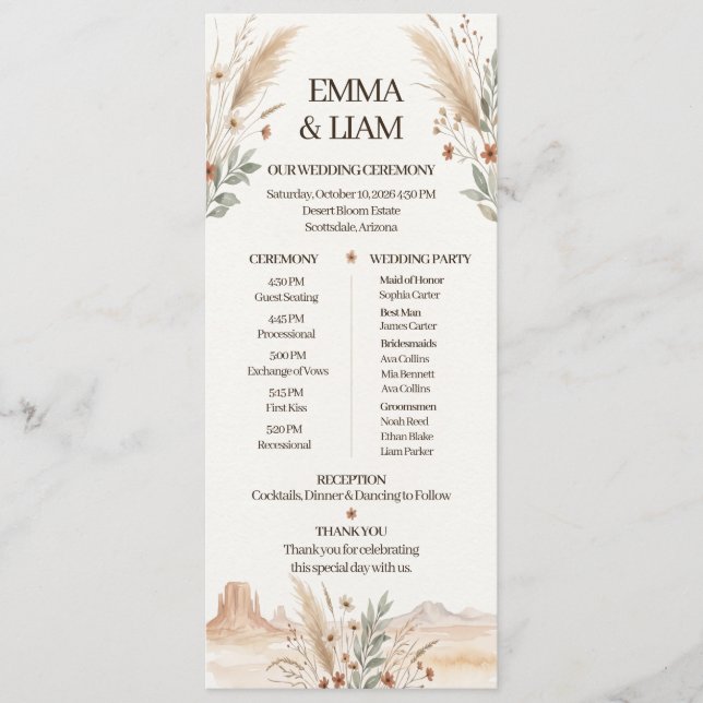 Modern Terrakotta Öken Boho Bröllopsprogram Program (Framsida)