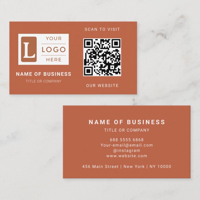 Modern Terrakotta QR-kod Minimalistisk Anpassad Lo Visitkort (Fram/baksida)