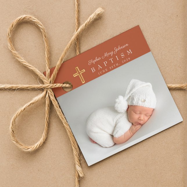 Modern Terrakotta Script Foto Dop Tack Gåvor Etiketter (Modern Terracotta Script Photo Baptism Thank You Favor Tags)