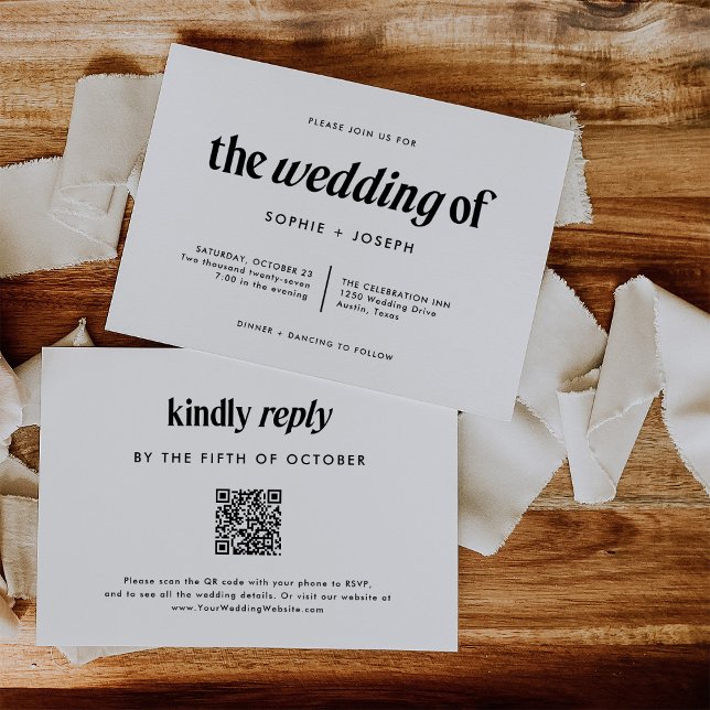 Modern text | Svartvit Bröllop med QR-kod Inbjudningar (Skapare uppladdad)