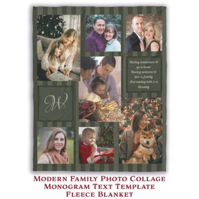 Modern textmall för fotokollage i familjen fleecefilt (Modern Family Photo Collage Monogram Text Template Fleece Blanket)