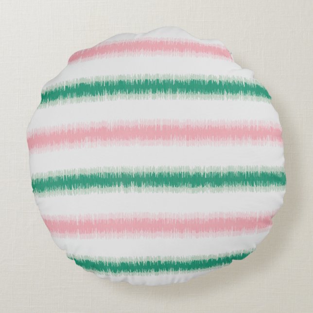 Modern texturerad rosa grön ikat-randig mönster rund kudde (Baksidan)