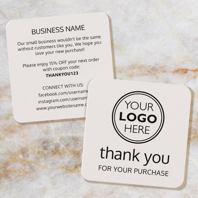 Modern Thank You Logo Small Business Off-White Fyrkantigt Visitkort (Skapare uppladdad)