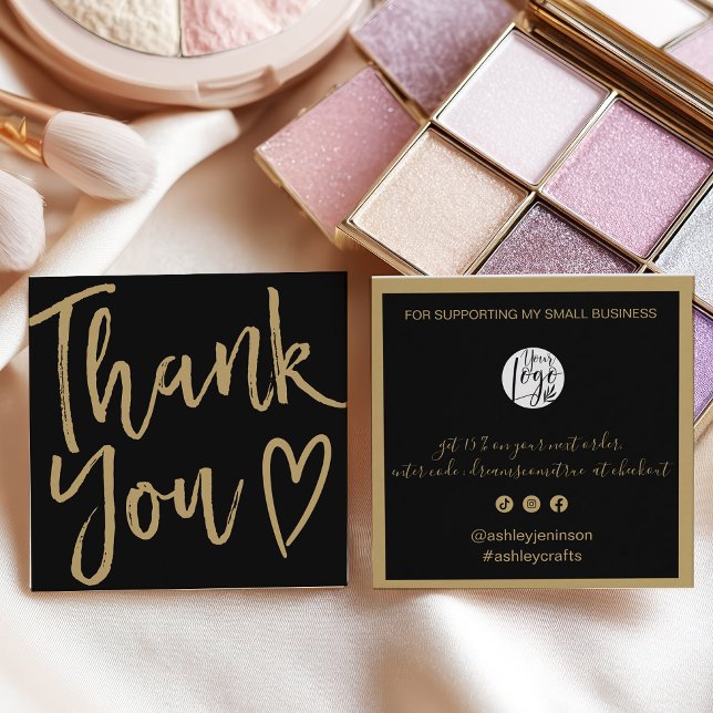 Modern thank you script order gold black fyrkantigt visitkort (Modern thank you script order gold black square business card)