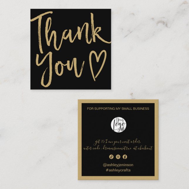 Modern thank you script order gold black fyrkantigt visitkort (Fram/baksida)
