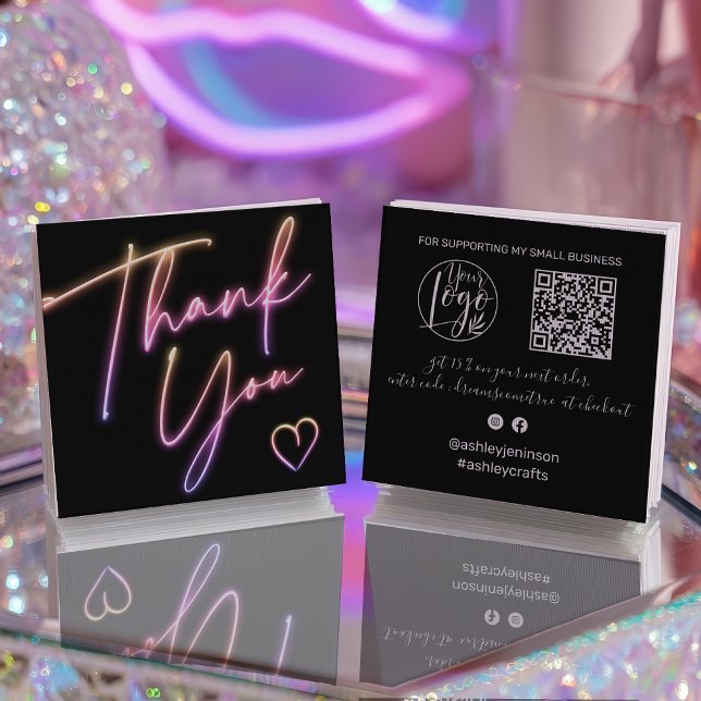Modern thank you script order neon Qr code Fyrkantigt Visitkort (Modern thank you script order neon Qr code Square Business Card)