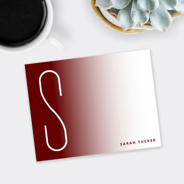 Modern Thin Monogram Mörk Red Fade-Professionell Anteckningskort (Thin monogram dark red / burgundy ombre flat note card)