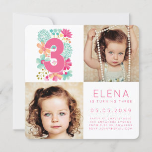 Modern THREE 3-års födelsedagsflickor Fotokort Inbjudningar