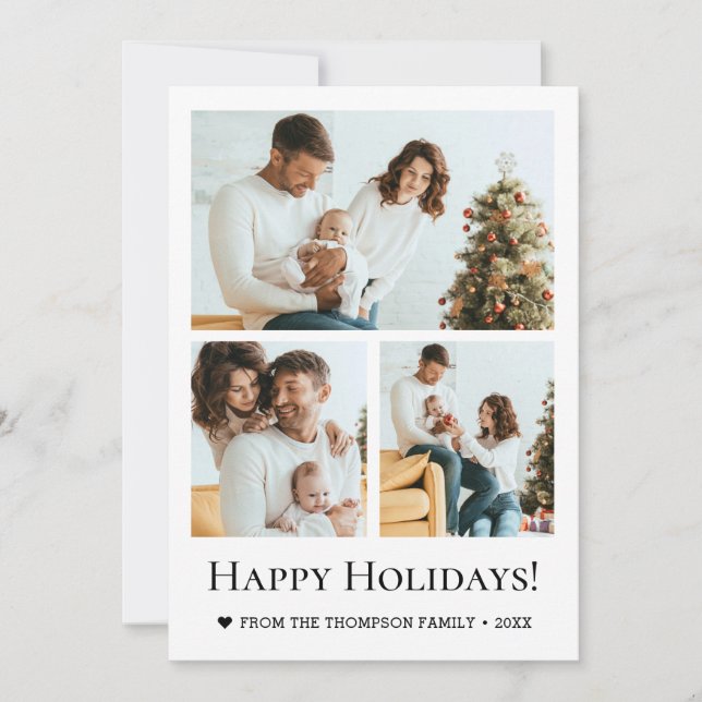 Modern Three Photo Family Christmas happy holidays Julkort (Framsida)