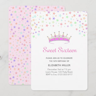 Modern Tiara & Färgglada Stjärnor Sweet Sixteen Inbjudningar