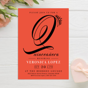 Modern Tiara Orange Red 15th Quinceañera Party Inbjudningar