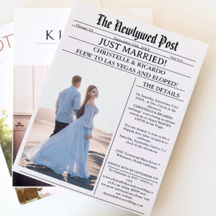 Modern tidningsannons om bröllop precis gifta sig inbjudningar