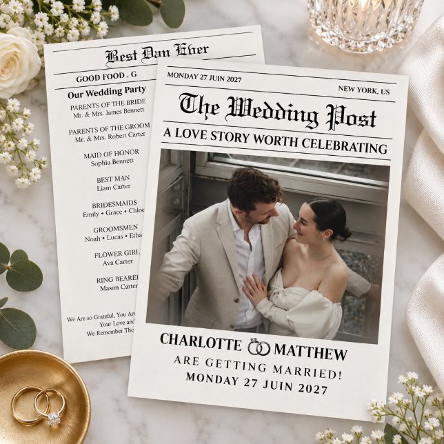 Modern tidningsfoto svart vitt bröllop program (newspaper wedding programs unique timeline modern elegant black and white minimalist unique)