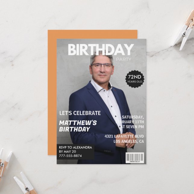 Modern tidskrift omslag för honom 72-årsdag inbjudningar (Fram/Back In Situ)