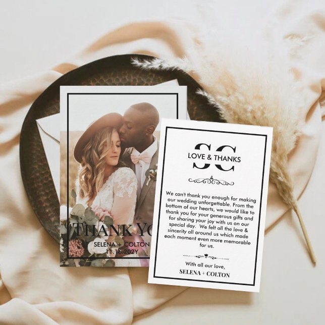 Modern tidslös svart/vit foto Bröllop Tack Kort (Skapare uppladdad)