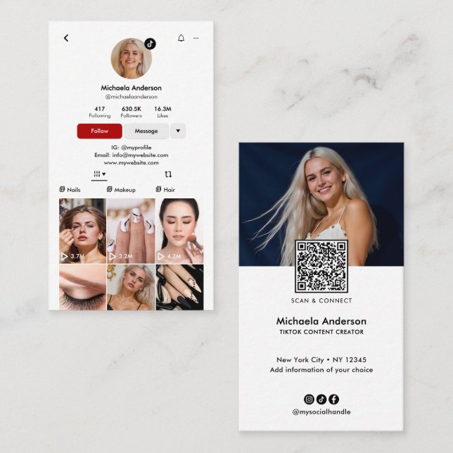 Modern TikTok Influencer QR Code & Socials Visitkort (Fram/baksida)