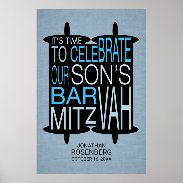 Modern Torah Pub Mitzvah Poster Grått och Blue (Framsidan)