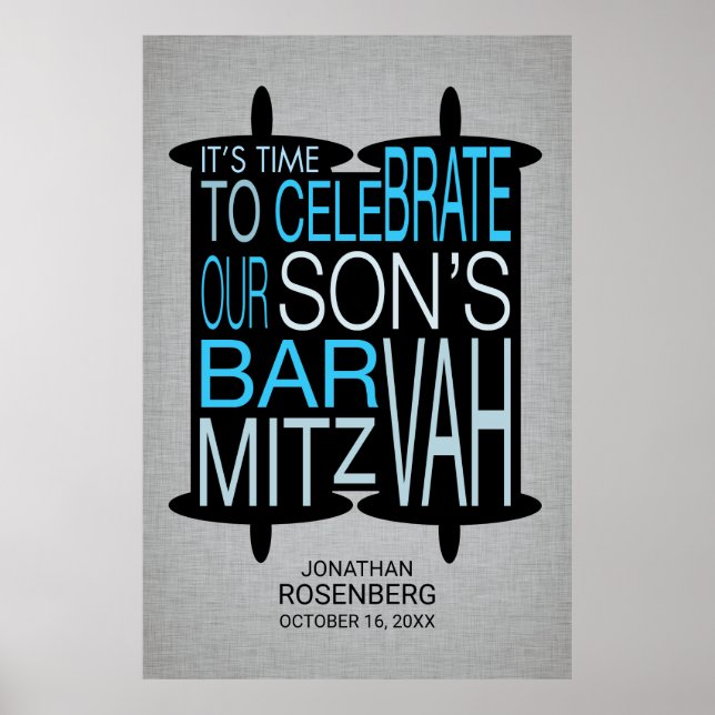 Modern Torah Pub Mitzvah Poster Grått och Blue (Framsidan)