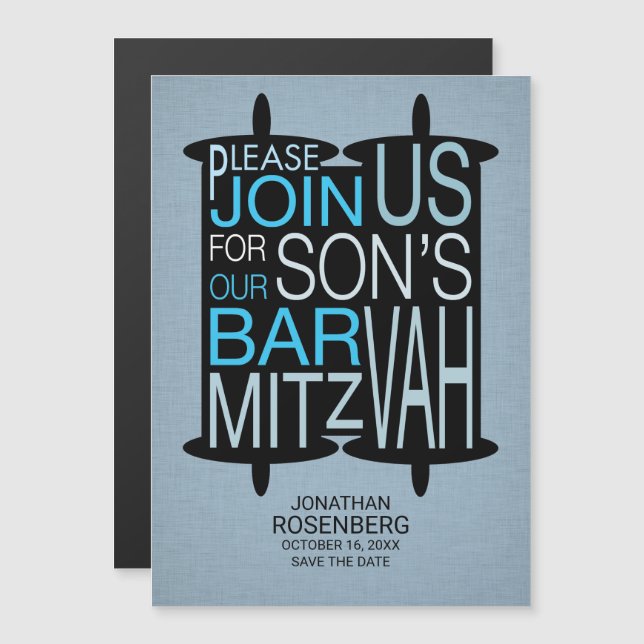 Modern Torah Pub Mitzvah Spara datum Grått Blue Magnetisk Inbjudningskort (Fram/baksida)