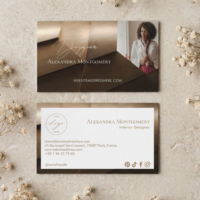 Modern Trä Yrkesmässig Inredningsdesigner Foto Visitkort (Modern Wood Professional Interior Designer Photo Business Card)