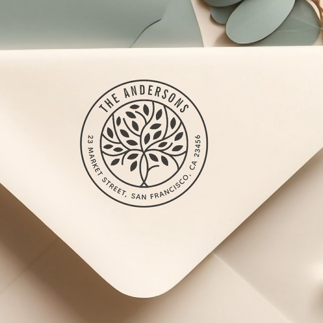 Modern Träd | Anpassningsbar-familjen Namn & Retur Självfärgande Stämpel (Rubber Stamp Mock-up)