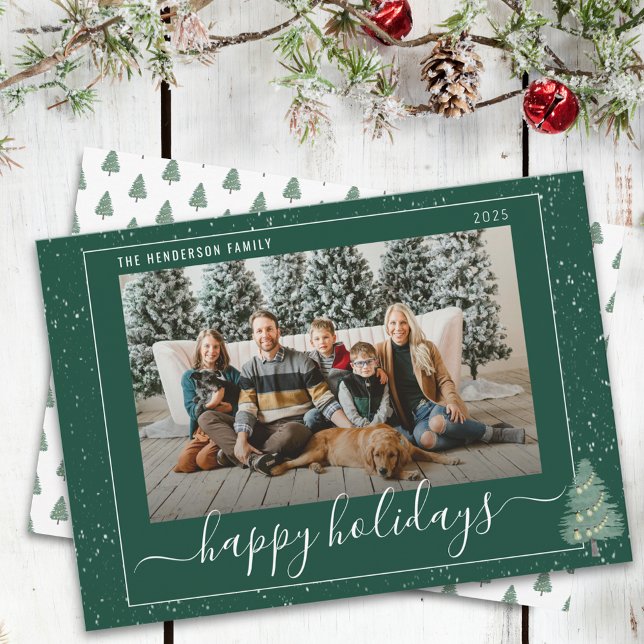 Modern Träd Festive Ljus Snö Julafton Photo Grönt Julkort (Modern watercolor snowy woodland festive tree light christmas family photo happy holidays green card)