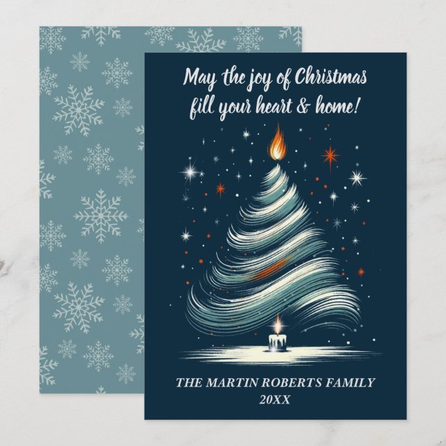 Modern Träd i Blue och Grått med ljus Julkort (Fram/baksida)