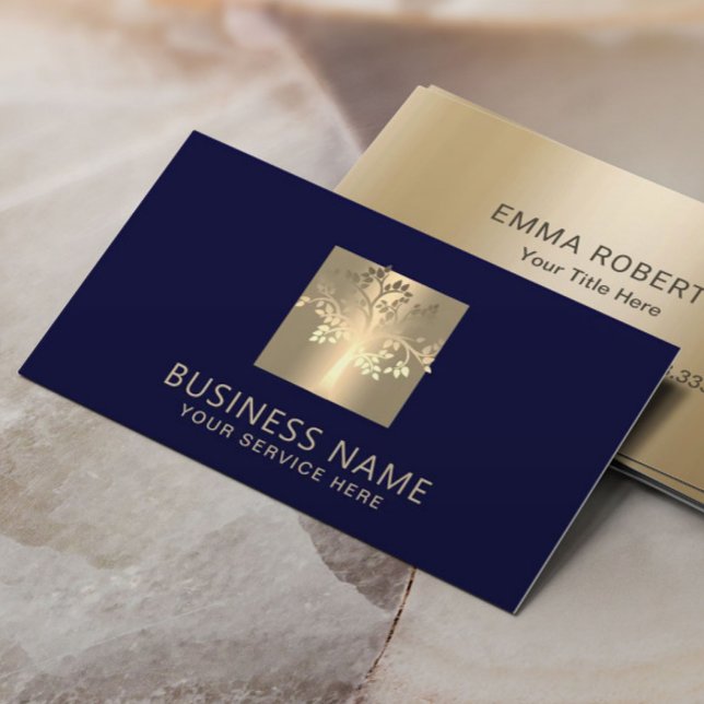 Modern Träd Logotyp Elegant - marinblått och Guld Visitkort (Skapare uppladdad)