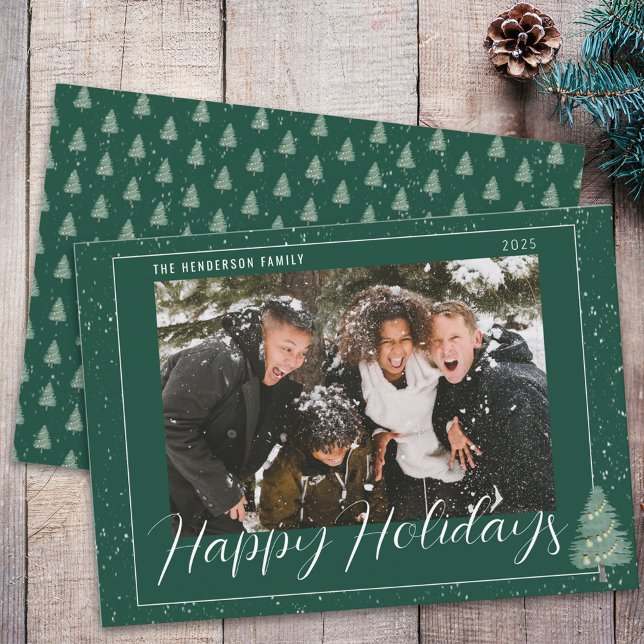 Modern Träd Snö Glad helg-familjens foto-Grönt Julkort (Modern fir tree lights snow watercolor green and white christmas family photo card Snowy woodland )